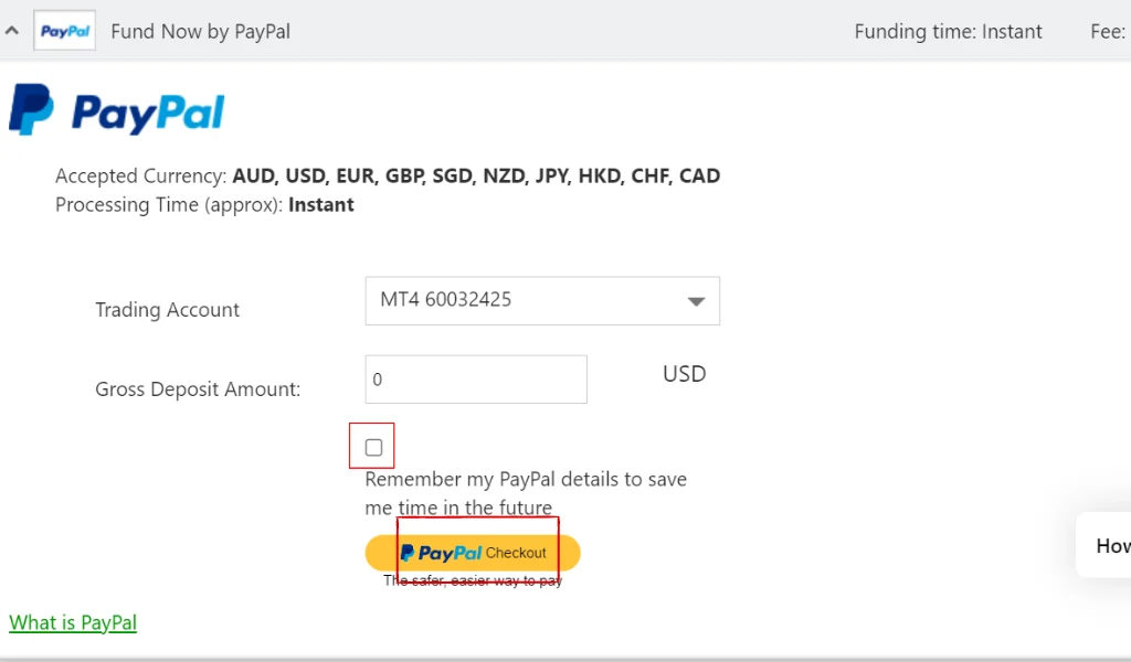Fill in Paypal deposit information