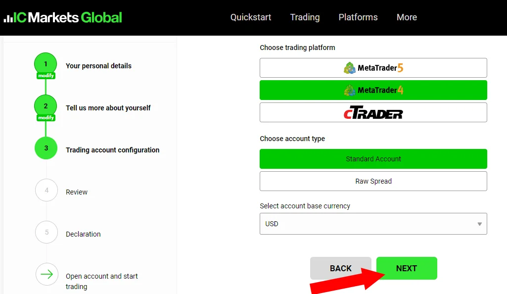 Choose a trading platform to ICMarkets open account